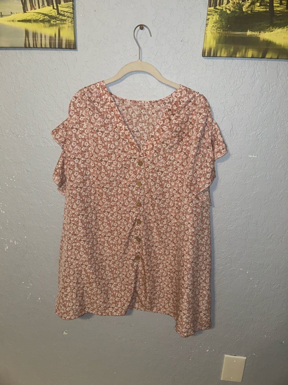 SHEIN Dusty Rose Floral Button-Down Flutter Sleeve Blouse